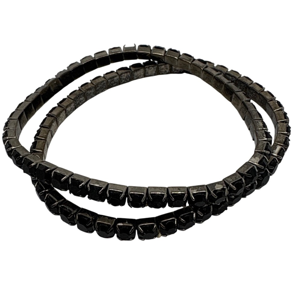 2 Black Rhinestone Tennis Bracelet Silver Tone Flexible Dressy Costume Jewelry